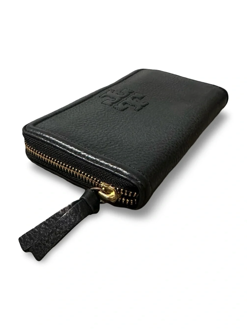 Tory Burch Black Leather Zip Card Wallet with Gold Logo